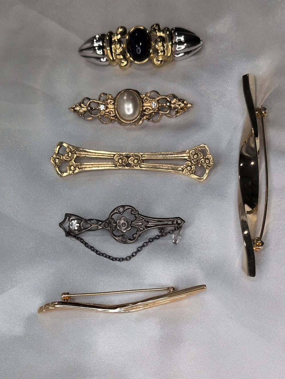 Lot of 6 Vintage Bar Pins Signed Monet Faux Pearl Black Cabochon Filigree Chain